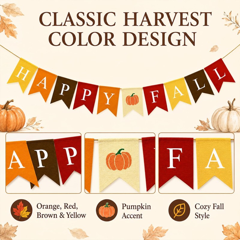 Adurself Happy Fall Burlap Banner with Pumpkin, Pre-Strung Faux Burlap