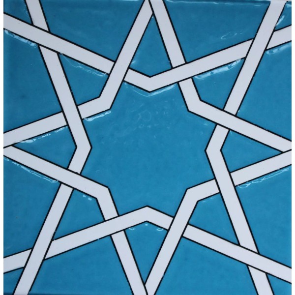 Unbranded 8"x8" (20cmx20cm) Iznik Raised Turquoise & White Geometric Pattern