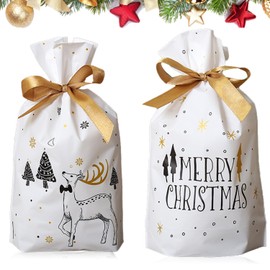 Pack of 50 Christmas Gift Bags, Gift Wrapping Christmas with Ribbon & Drawstring, Small Christmas Tyes, Candy Bags, Christmas Bags Candy Plastic Bag for Wedding Merry