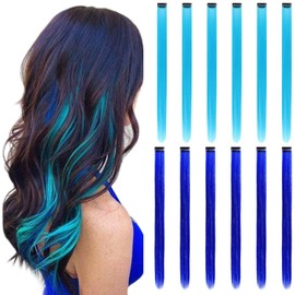 Colored Hair Extensions Clip In, 12 Pieces, 6 Blue + 6 Teal Blue