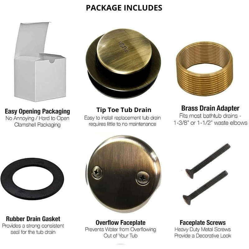 Maui Tip Toe Bathtub Tub Drain Assembly Conversion Kit, All