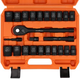 HORUSDY 1/2" Drive Shallow Impact Socket Set, 24-Piece SAE (7/16"-1") and Metric (13-24mm), 6 Point, Cr-V, Includes 1/2-Inch Drive Ratchet Handle, Drive Extension Bar