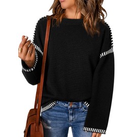 Dokotoo Fall Winter Warm Stylish Crewneck Solid Oversized Sweaters for Women Contrast Ribbed Knit Jumpers Pullover Cute Cozy Soft Long Sleeve Casual Loose Fit Sweater Tops Black XL