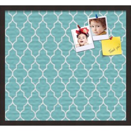 ArtToFrames 24x16 Custom Cork Bulletin Board. This Quatrefoil Aqua Pin Board Has a Fabric Style Canvas Finish, Framed in Coffee (PinPix-278-24x16_FRBW26061)