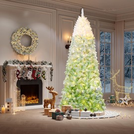 6FT Pencil Christmas Tree Prelit, Green Gradient Snow Flocked Holiday Decoration Xmas Tree with 100 Dual Color LED Lights & 320 Branch Tips, Includes Metal Stand