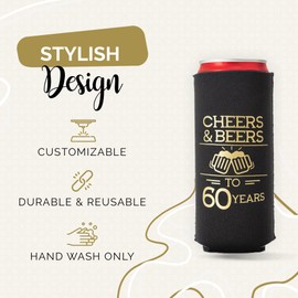 Cheers and Beers to 60 Years Can Coolers - 12 Pcs Black & Gold Coolies - 60th Birthday Favors for Guests- 60th Birthday Decorations - 60th Birthday Party Favors for Guests - Cheers & Beers to 60 Years