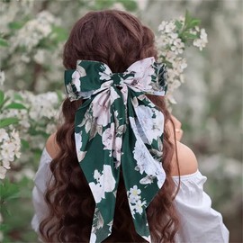 Hair Bows Silky Satin Bows Oversized Long Tail Hair Bow Clips Barrettes Big Bowknot Hair Accessories Trendy Stuff for Women Girl (Flower Series)