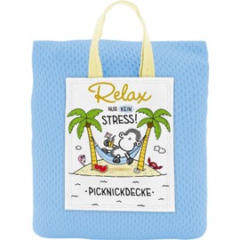 Sheepworld Picnic Blanket with Saying Relax, Picnic Blanket, Dark Blue, 110 cm x 140 cm, Small Protective Cover with Handle, Gift, Birthday, Wanderlust, Travel, 74131