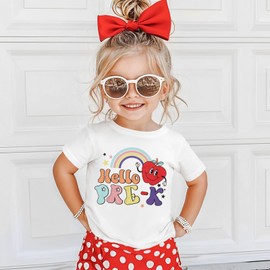SOFEON Hello Pre-K Shirts Toddler Girls Back to School T-Shirt Apple Rainbow First Day of School Outfits Pre-K Gift Tee Tops(White,4-5T)