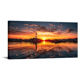 Nachic Wall Large Size Ocean Beach Wall Art Lighthouse at Sunset Pictures Canvas Print Coastal Landscape Painting for Home Office Living Room Decoration 24"x48"