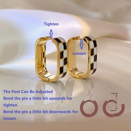 NewZenro Fashion Oval Checker Chunky Hoop Earrings for Women - 14K Gold Plated Sterling Silver Post Rectangle Checkerboard Huggie Hoops - Black, Gold - Modern - Hoop Earrings