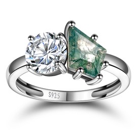 Yaresul Natural Moss Agate Ring Toi Et Moi Ring Promise Ring for her - 925 Sterling Silver Double Stone Ring Kite Cut Moss Agate Engagement Ring for Women Best Gift Wedding Band Size 6