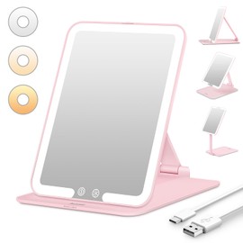 Auxmir Travel Makeup Mirror with Light, Portable Folding Travel Mirror, LED Dimmable 3 Colors Lighted Travel Makeup Mirror, Rechargeable Compact Vanity Mirror, Freely Adjust Height and Angle, Pink