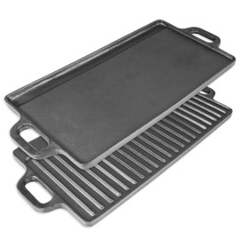 ProSource 2-in-1 Reversible 19.5” x 9” Cast Iron Griddle with Handles, Preseasoned & Non-Stick for Gas Stovetop, Oven, and Open Fire.