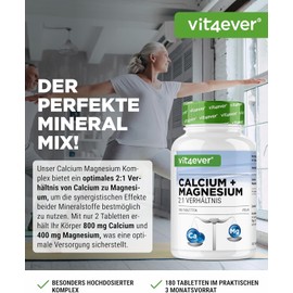 vit4ever Calcium 800 mg + Magnesium 400 mg (2 Tablets) - 180 Tablets - 3 Month Supply - Calcium + Magnesium Complex in 2:1 Ratio - Vegan - Laboratory Tested - High Dose