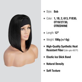 STUDIOCUT BY PROS Headband Wig Straight Quick Wrap Headband Wig 12 inch Short Bob Wigs for Black Women High Heat Resistant Synthetic Wigs HBW001 (12 Inch (Pack of 1), 1 (Jet Black))