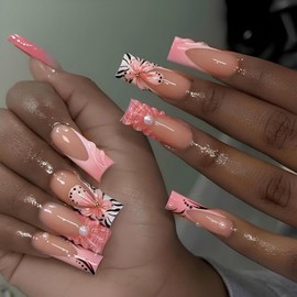 Pink French Tips Press on Nails Long Square Fake Nails with Rhinestones Flower Design Pearl Water Ripple False Nails Glossy Skin Tones Stick on Nails Full Cover Glue on Nails for Women Manicure 24Pcs