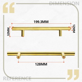 Bwintech 12 Pcs 200MM (128MM Hole Center) Gold Cabinet Pull Handles Kitchen T Bar Handles, Stainless Steel, Ideal for Cabinet, Drawer, Cupboard