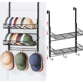 SWTYMIKI Over Door Hat Organizer - 3 Tier Wall Mounted Hat Rack with 2 Adjustable Metal Basket and 3 Hooks, Hanging Baseball Cap Organizer Storage Holds up to 29 Caps for Door, Bedroom, Closet