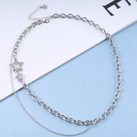Atentuyi Boho Layered CZ Star Choker Necklace Silver CZ Hollow Star Necklace Tiny Star Pendant Necklace Double Link Chain Necklace Jewellery for Women and Teenagers Girls
