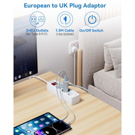 European to UK Plug Adapter for European Electronic Device, EU to UK Plug Adapter 3 AC Outlet, Travel from France, Italy, Spain, Germany,13A/3250W