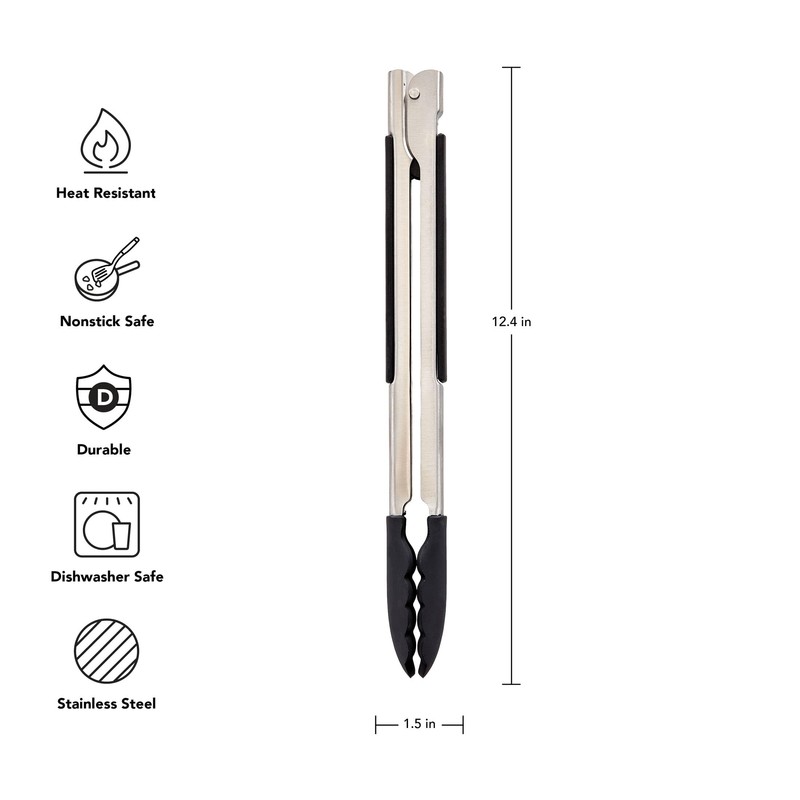 KitchenAid Silicone Tipped Side Locking Tongs, Black, 12 Inch