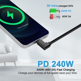 JSADZKJ 90 Degree USB 4.0 Cable Right Angled USB C to USB C Extension Cable 240W Fast Charging USB Type C Cable Supports Charging Data Audio Video for Laptop Tablet Mobile Phone 0.3M