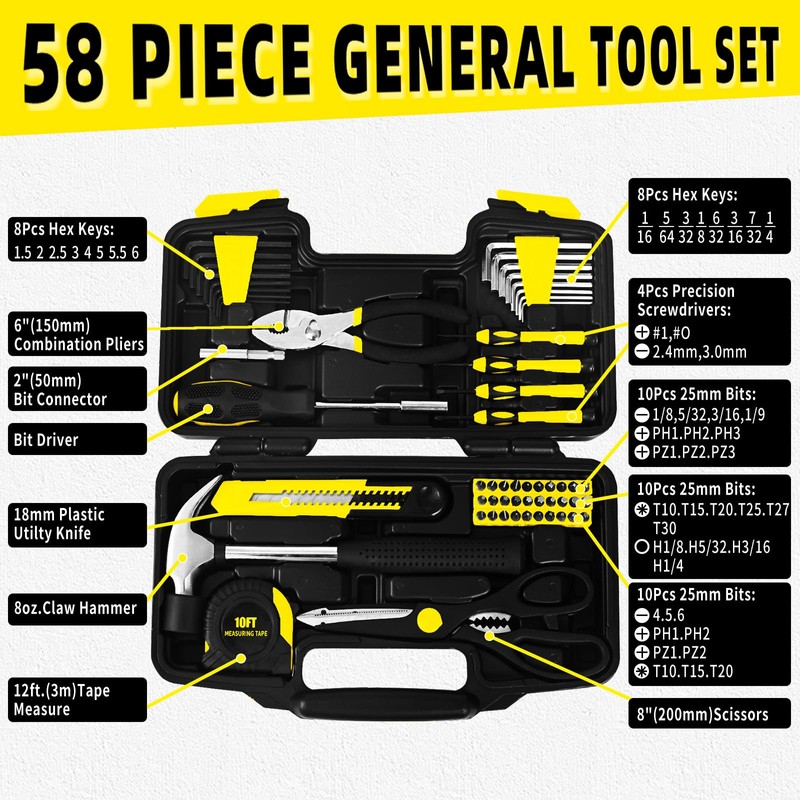 58-Piece Tool Kit Basic Home Repair Tool Set, General Household
