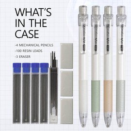Idcrea Mechanical Pencil Set 4PCS 0.5 Mechanical Pencils 100 HB Lead 3 Erasers for Students