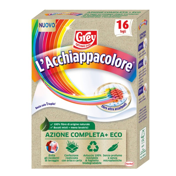 Grey L'Acchiappacolore Complete Action+ ECO, Washing Machine Colour Capture Sheets Prevents Accidents Washing, Colour Catching Sheets and Anti-Dirt, Pack of 16 Sheets
