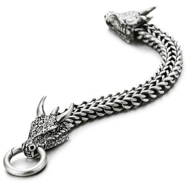 Steel Square Franco Chain Curb Chain Bracelet Dragon Head with Scales Spiked Horn, Old Metal Antique Silver Color