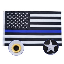 SYII Thin Blue Line Flag 3x5 Feet Outdoor Made in USA, Luxury Embroidered Stars and Double Stitched Sewn Stripes, Heavy Duty Polyester Back the Blue Police Flags with Canvas Header and 2 Brass Grommets