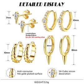 Morfetto 14 Carat Gold-Plated Golden Small Hoop Earrings for Women Zirconia Silver Earring Sets for Multiple Piercings Hypoallergenic Stack Stackable Earrings Set, Sterling Silver, No Gemstone