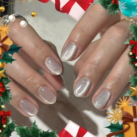 modelones Cat Eye Press on Nails, Short Oval Fake Nails Kit Press Ons with Nail Glue, Adhesive Tabs, Nail File, Prep Pad, Manicure Stick, 32Pcs 16Sizes, Christmas