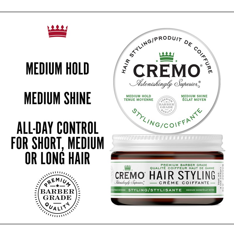 Cremo Premium Barber Grade Hair Styling Cream, Medium Hold,