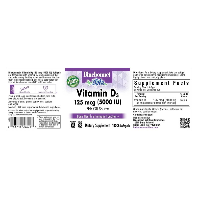 Bluebonnet Vitamin D3 125 Mcg 5000 IU 100 Softgels