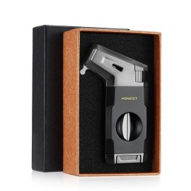 Torch Cigar Lighter Built-in V Cigar Cutter Refillable Butane Torch Lighters - Black