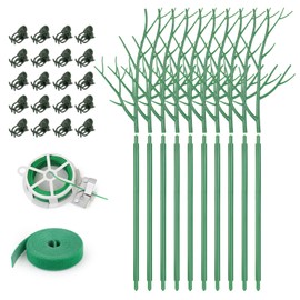 10 Pack Plant Support Stakes for Indoor Plants, 27.56 Inch Twig Plant Sticks with Orchid Clips Twist Ties and Plant Ties for House Potted Plants and Flower, Plastic Branches Support Structures, Green