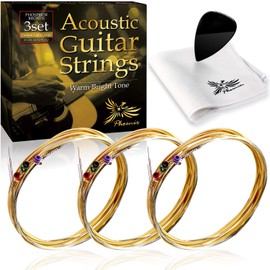 Phoenix Acoustic Guitar Strings, Phosphor Bronze, Warm Bright Tone, 3 Set, Transparent, Crisp, Pole End Color Coding / Cleaning Cloth & Pick Included (Custom Light/Custom-Light)