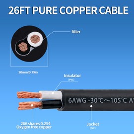 6 Awg 2 Wire Cable 6/2 Wire 26FT 600V 6 AWG 2 Conductor for Motor Leads, Portable Lights, Battery Chargers, Machinery, Large Speakers (6AWG-2C, 26FT)