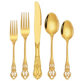 Gold Silverware Set, Ollex 60-piece Vintage Silverware Set for 12 with Stainless Steel Knives Spoons Forks Retro Royal Flatware Set for Dairy Kitchen Party Gold Utensils Set, Dishwasher Safe