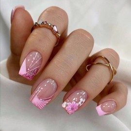 YOSOMMK French Flower Fake Nails Square Short Press on Nails with Glitter Sequins Designs Glossy False Nails Pink Stick on Acrylic Nails for Women and Girls