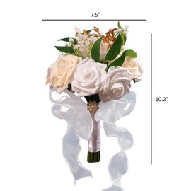 LEIFENY Wedding Bouquets for Bride, Champagne & White Bridal Bridesmaid Flower with Silk Ribbon, Artificial Toss Rose for Civil Ceremony