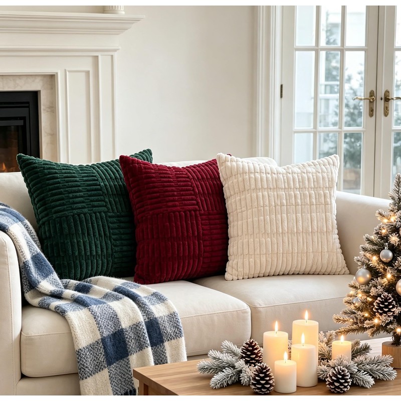 Christmas Green Decorative Corduroy Throw Pillow Covers 18x18 Set of