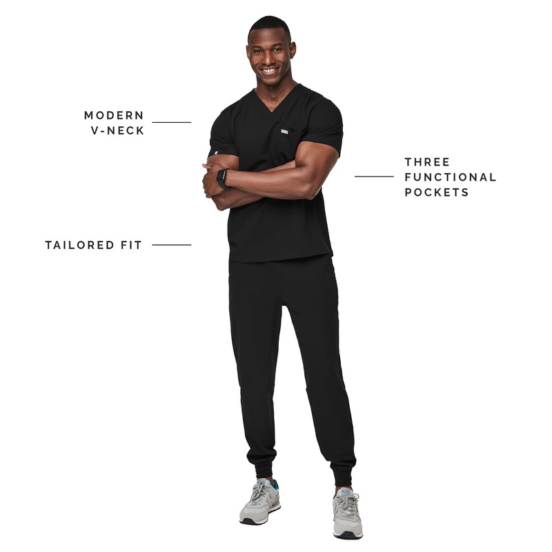 FIGS Leon Three-Pocket Scrub Top for Men - Black, 2XL