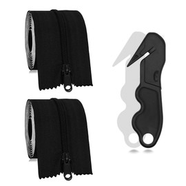 MAYOKEN® 2-Pack Black Heavy Duty Peel & Stick Zipper with Bonus Film Cutter, 7ft x 3in Double-Sided Self-Adhesive Zipper Door for Dust Barriers, Greenhouses, Construction Sites