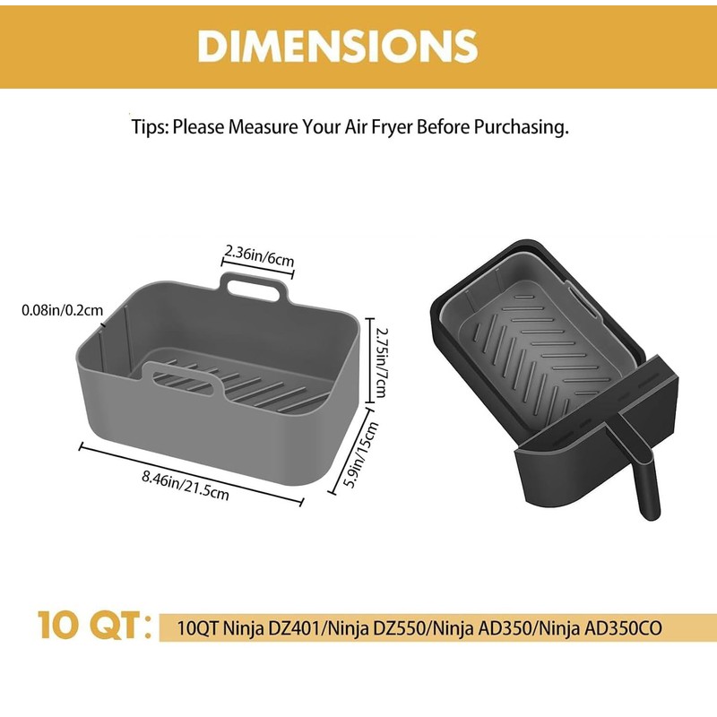 Silicone Air Fryer Liners 10QT, Reusable Airfryer Basket Liners Rectangular