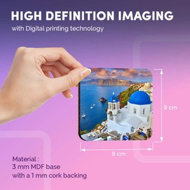 Destination Vinyl ltd Great Coasters (Set of 4) Square - Santorini Greece Greek Travel Beach Drink Glossy Coasters/Tabletop Protection for Any Table Type #24142