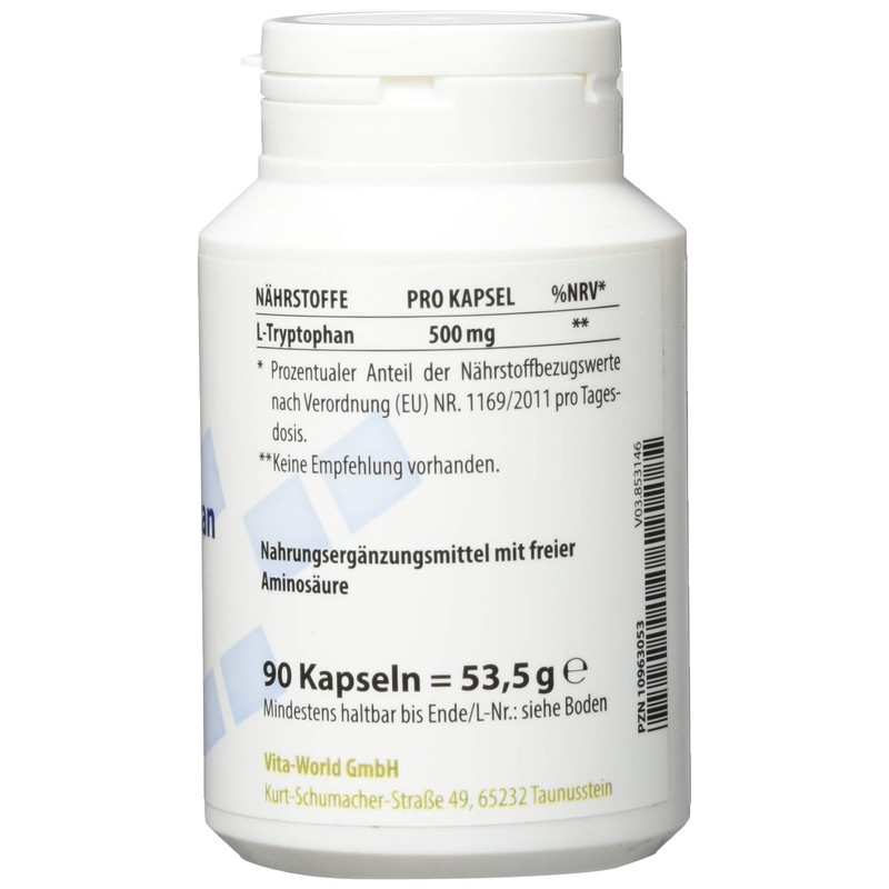 vitaworld L-Tryptophan 500 mg, High Purity, Vegan Tryptophan from Natural,