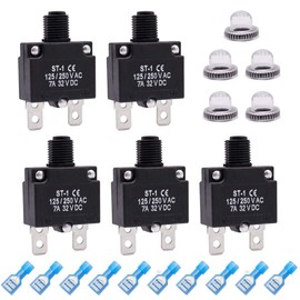 mxuteuk 5Pcs 7Amp Circuit Breakers Push Button Manual Reset 125/250V AC 32V DC,Overload Protector Switch Thermal Circuit Breakers with Quick Connect Terminals and Waterproof Button Caps ST1-5-7A
